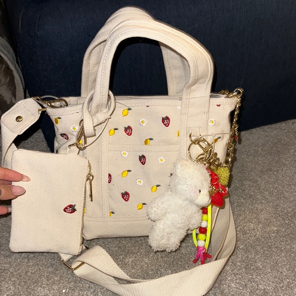 Madden Girl strawberry and lemon embroidered Tote Bag with charms